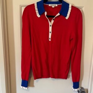 Boden Red V-Neck Sweater with Blue Collar and White Trim